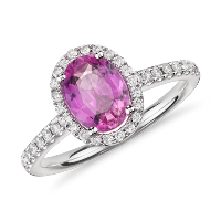 Pink Sapphire and Micropave Diamond Halo Ring in 14k White Gold (8x6mm)