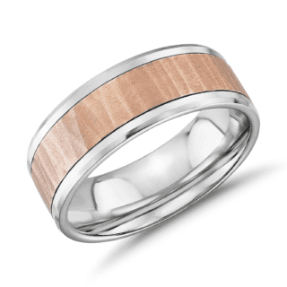 Hammered Inlay Wedding Band in 14k White and Rose Gold (8mm)