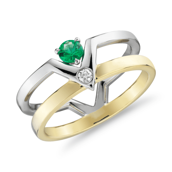 Geometric Double Band Emerald and Diamond Ring in 18k White and Yellow Gold (3.5mm)