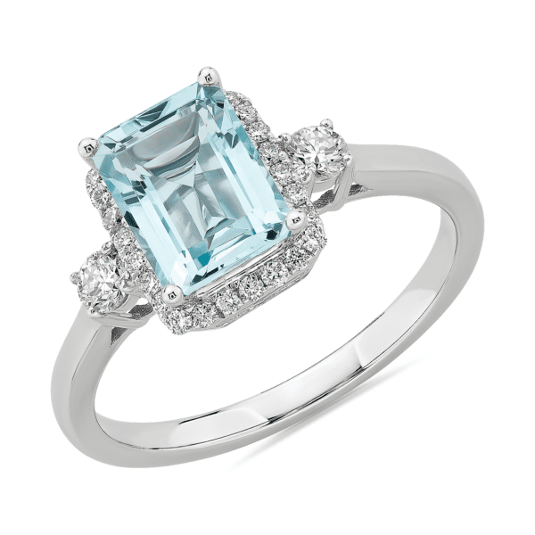Aquamarine Ring with Diamond Halo in 14k White Gold