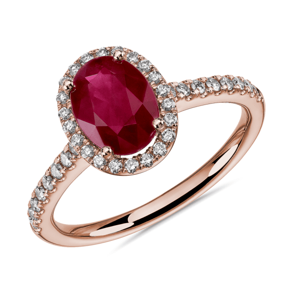 Oval Ruby and Round Diamond Halo Ring in 14k Rose Gold 8x6mm