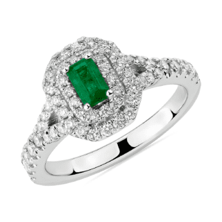 Emerald Cut Emerald and Diamond Double Halo Ring in 14k White Gold (5x3mm)