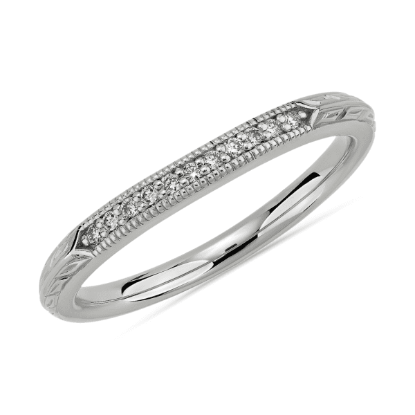 Vintage Hand Engraved Diamond Wedding Ring in Platinum