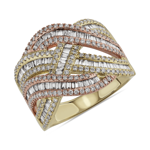 Round and Baguette Criss Cross Diamond Fashion Ring in 14k Yellow Gold and 14k Rose Gold (1 ct. tw)