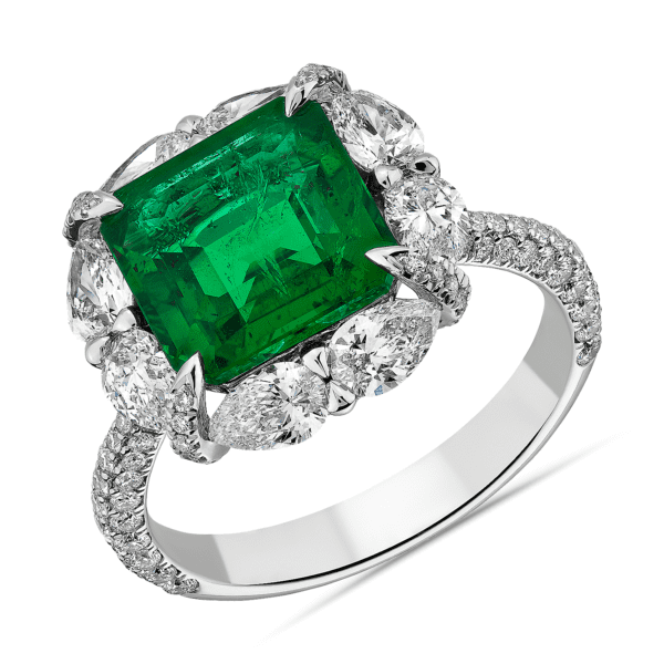 Emerald Ring with Pear-Cut Diamond Halo in 18k White Gold