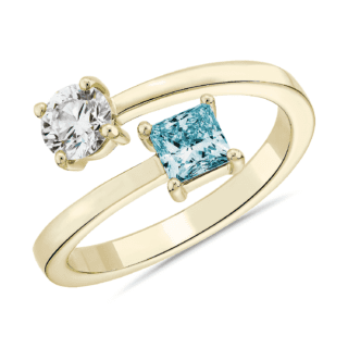 LIGHTBOX Lab-Grown Blue Diamond Round & Princess Bypass Ring in 14k Yellow Gold (1 ct. tw.)