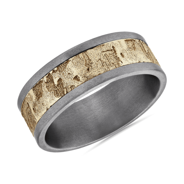 Textured Center Wedding Band in 14k Yellow Gold with Tantalum Edges (8mm)