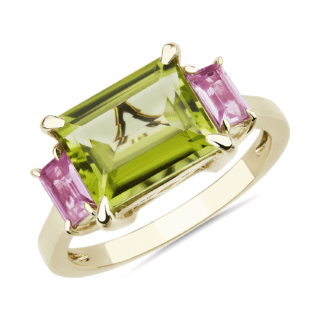 3-Stone Emerald-Cut Peridot and Baguette Pink Sapphire Sidestone Fashion Ring in 14k Yellow Gold