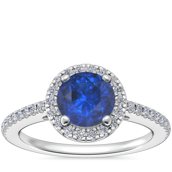 Classic Halo Diamond Engagement Ring with Round Sapphire in 14k White Gold (6mm)