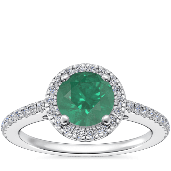 Classic Halo Diamond Engagement Ring with Round Emerald in 14k White Gold (6.5mm)