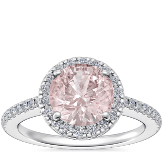 Classic Halo Diamond Engagement Ring with Round Morganite in 14k White Gold (8mm)