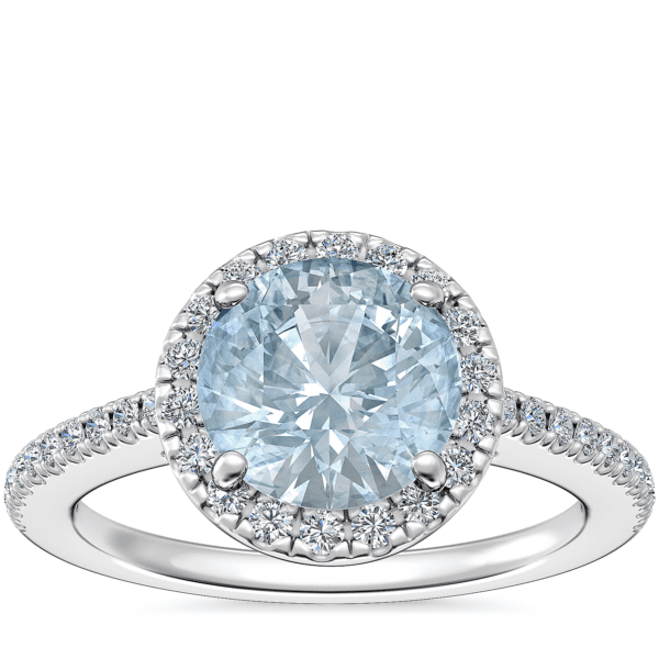 Classic Halo Diamond Engagement Ring with Round Aquamarine in 14k White Gold (8mm)
