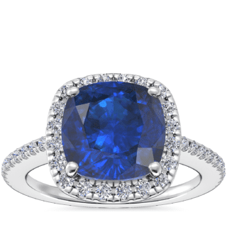 Classic Halo Diamond Engagement Ring with Cushion Sapphire in 14k White Gold (8mm)