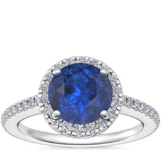 Classic Halo Diamond Engagement Ring with Round Sapphire in Platinum (8mm)