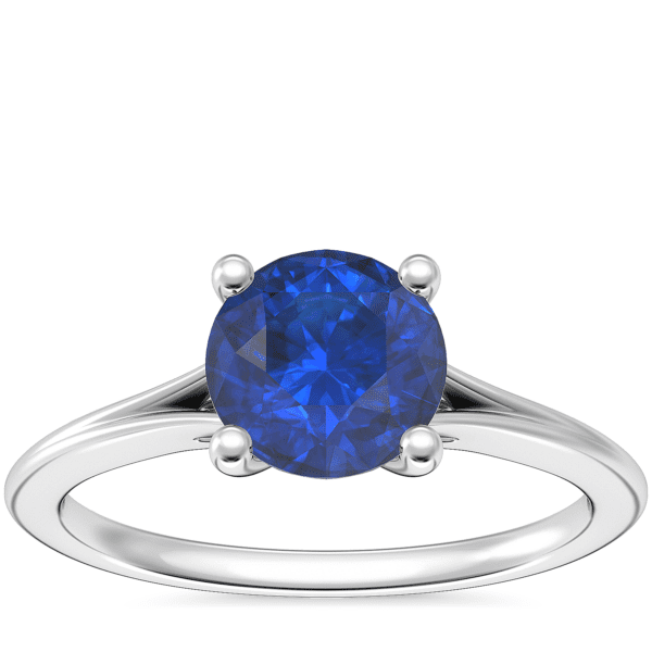 Petite Split Shank Solitaire Engagement Ring with Round Sapphire in 14k White Gold (6mm)