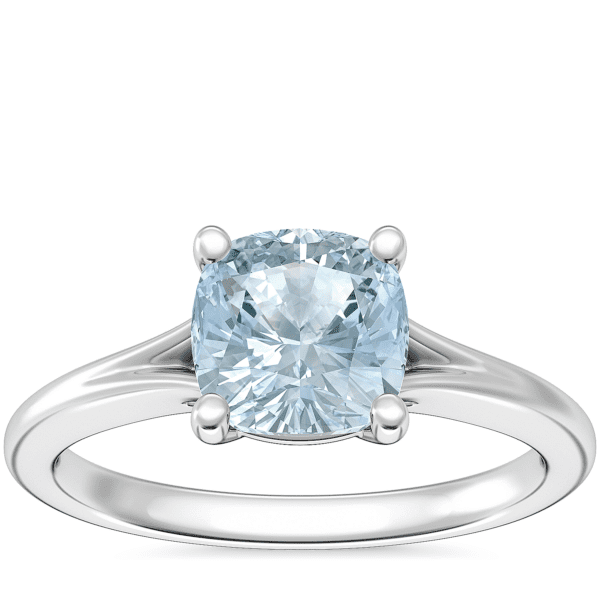 Petite Split Shank Solitaire Engagement Ring with Cushion Aquamarine in 14k White Gold (6.5mm)
