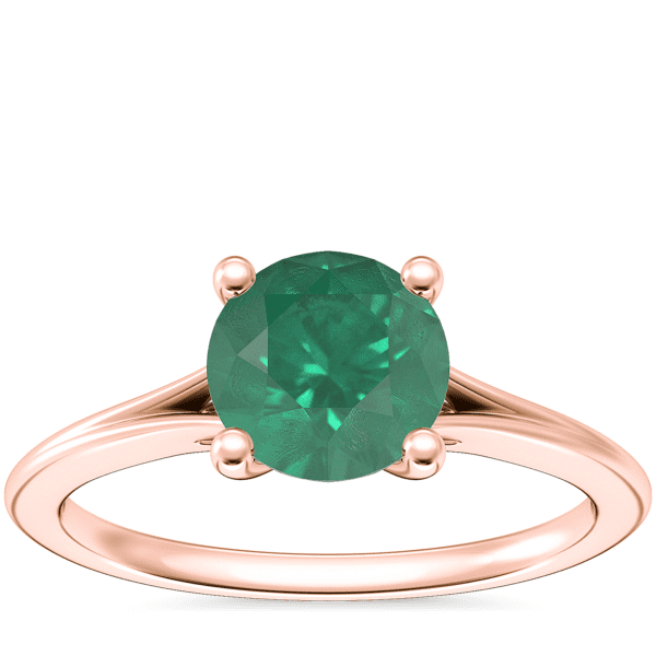 Petite Split Shank Solitaire Engagement Ring with Round Emerald in 14k Rose Gold (6.5mm)