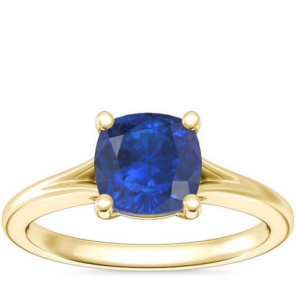 Petite Split Shank Solitaire Engagement Ring with Cushion Sapphire in 18k Yellow Gold (6mm)