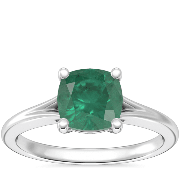 Petite Split Shank Solitaire Engagement Ring with Cushion Emerald in Platinum (6.5mm)