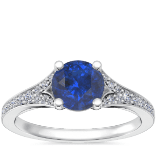 Petite Split Shank Pave Cathedral Engagement Ring with Round Sapphire in 14k White Gold (6mm)