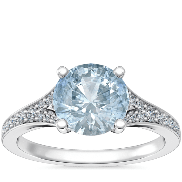 Petite Split Shank Pave Cathedral Engagement Ring with Round Aquamarine in 14k White Gold (8mm)