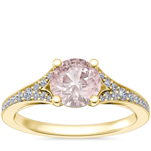 Petite Split Shank Pave Cathedral Engagement Ring with Round Morganite in 14k Yellow Gold (6.5mm)