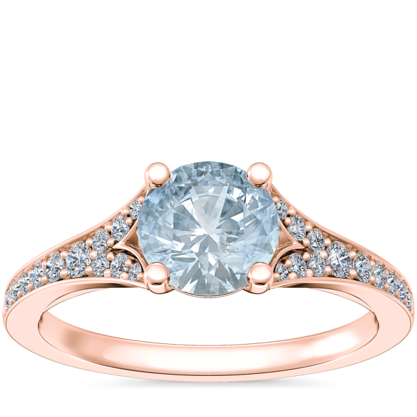Petite Split Shank Pave Cathedral Engagement Ring with Round Aquamarine in 14k Rose Gold (6.5mm)