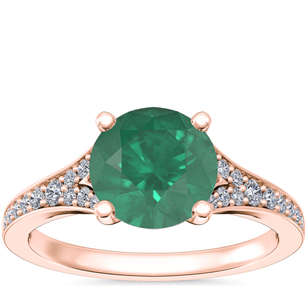 Petite Split Shank Pave Cathedral Engagement Ring with Round Emerald in 14k Rose Gold (8mm)