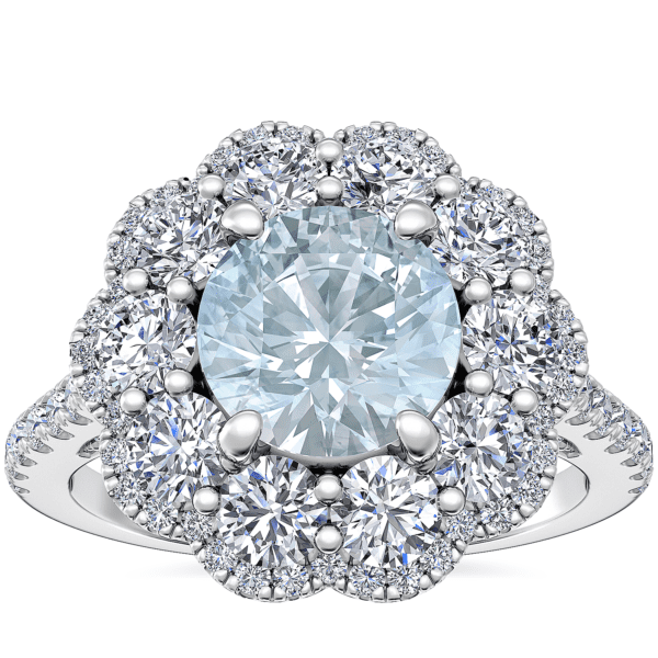 Vintage Diamond Halo Engagement Ring with Round Aquamarine in 14k White Gold (6.5mm)