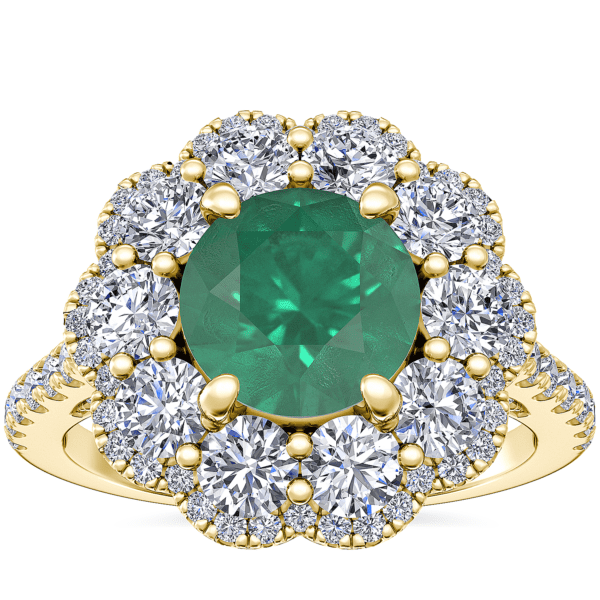 Vintage Diamond Halo Engagement Ring with Round Emerald in 14k Yellow Gold (6.5mm)