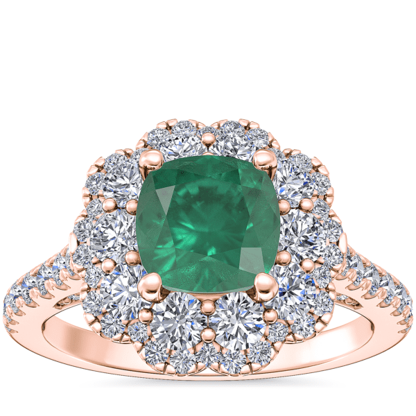 Vintage Diamond Halo Engagement Ring with Cushion Emerald in 14k Rose Gold (6.5mm)