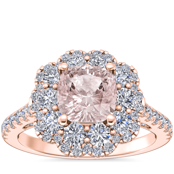 Vintage Diamond Halo Engagement Ring with Cushion Morganite in 14k Rose Gold (6.5mm)