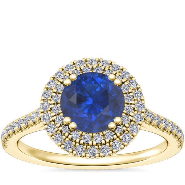 Micropave Double Halo Diamond Engagement Ring with Round Sapphire in 14k Yellow Gold (6mm)