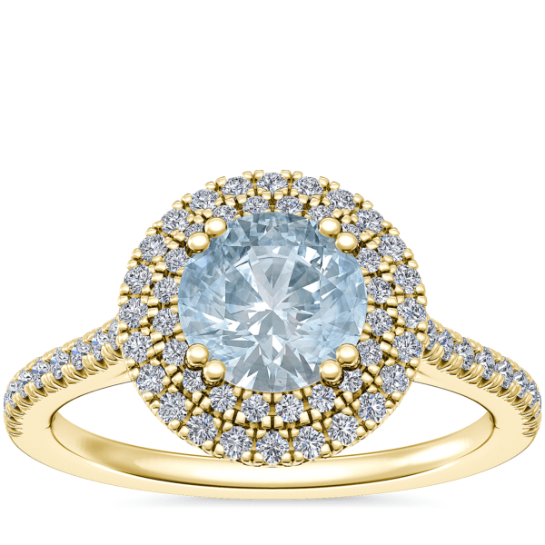 Micropave Double Halo Diamond Engagement Ring with Round Aquamarine in 14k Yellow Gold (6.5mm)