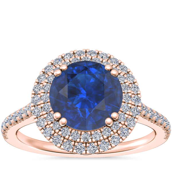 Micropave Double Halo Diamond Engagement Ring with Round Sapphire in 14k Rose Gold (8mm)