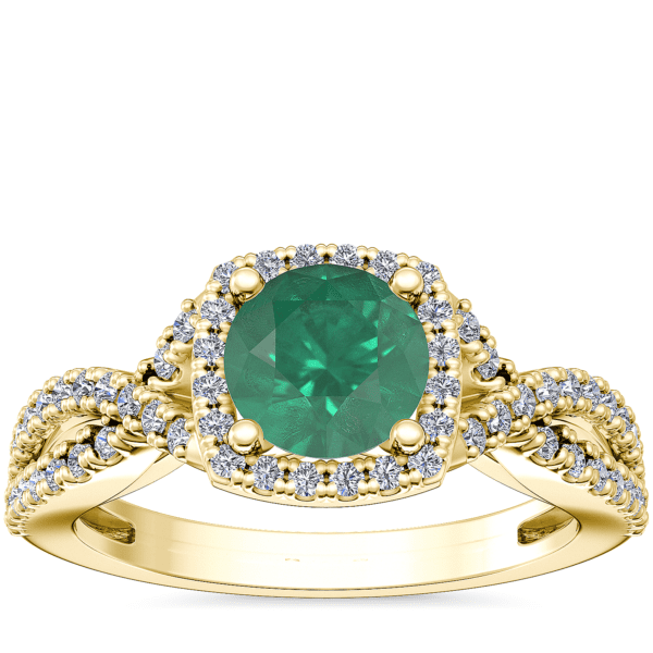 Twist Halo Diamond Engagement Ring with Round Emerald in 14k Yellow Gold (6.5mm)