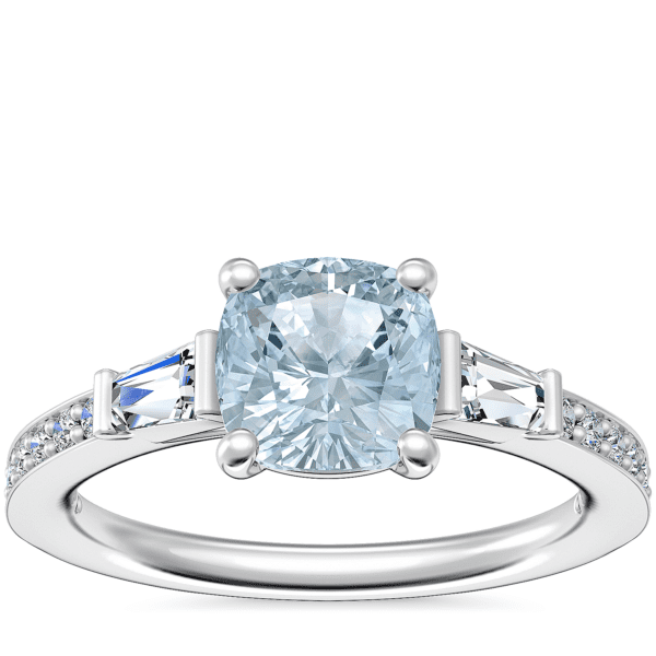 Tapered Baguette Diamond Cathedral Engagement Ring with Cushion Aquamarine in 14k White Gold (6.5mm)