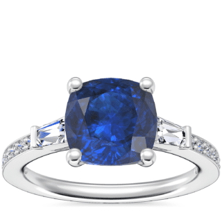 Tapered Baguette Diamond Cathedral Engagement Ring with Cushion Sapphire in 14k White Gold (8mm)