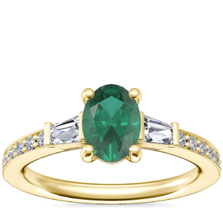 Tapered Baguette Diamond Cathedral Engagement Ring with Oval Emerald in 14k Yellow Gold (7x5mm)