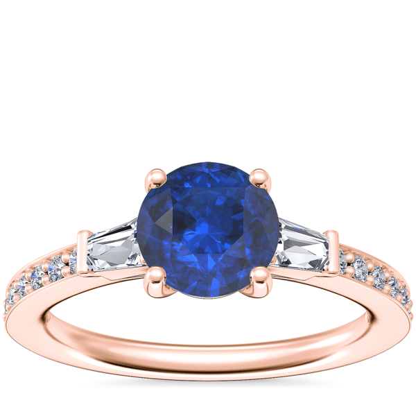 Tapered Baguette Diamond Cathedral Engagement Ring with Round Sapphire in 14k Rose Gold (6mm)