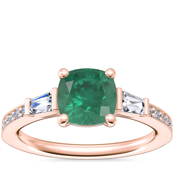 Tapered Baguette Diamond Cathedral Engagement Ring with Cushion Emerald in 14k Rose Gold (6.5mm)