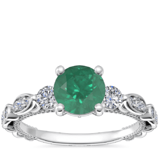 Floral Ellipse Diamond Cathedral Engagement Ring with Round Emerald in 14k White Gold (6.5mm)