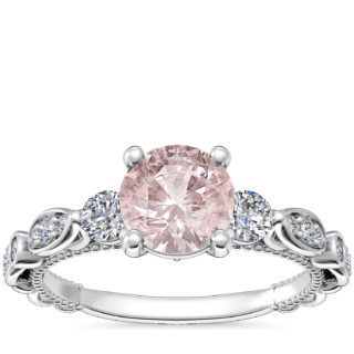 Floral Ellipse Diamond Cathedral Engagement Ring with Round Morganite in 14k White Gold (6.5mm)