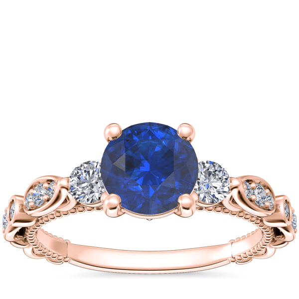 Floral Ellipse Diamond Cathedral Engagement Ring with Round Sapphire in 14k Rose Gold (6mm)