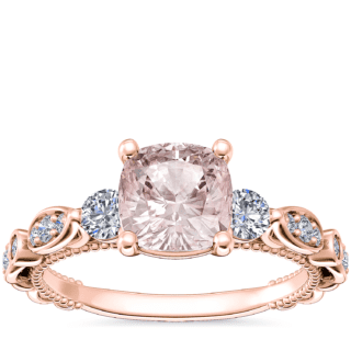 Floral Ellipse Diamond Cathedral Engagement Ring with Cushion Morganite in 14k Rose Gold (6.5mm)
