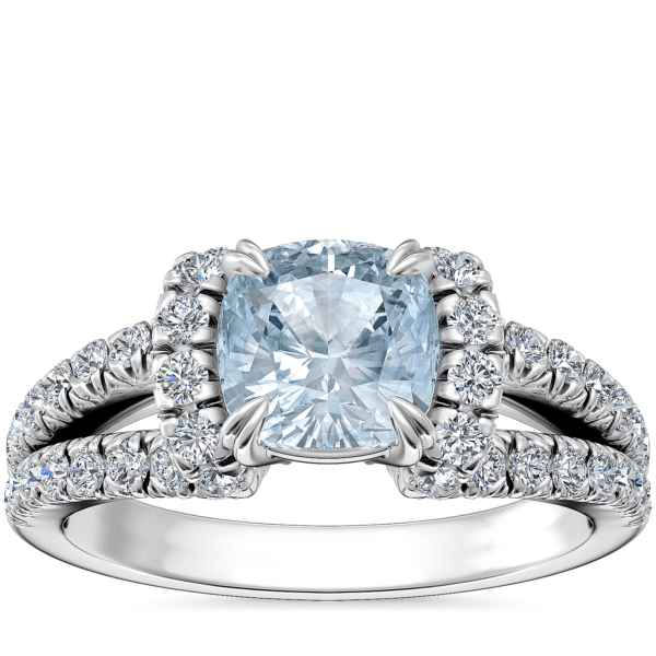 Split Semi Halo Diamond Engagement Ring with Cushion Aquamarine in 14k White Gold (6.5mm)