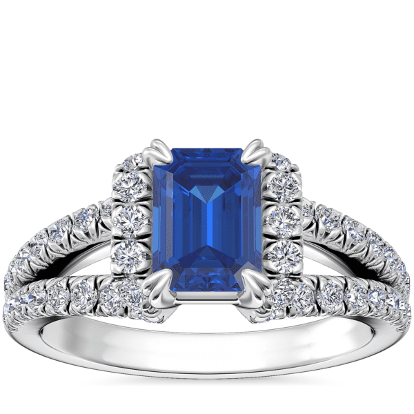 Split Semi Halo Diamond Engagement Ring with Emerald-Cut Sapphire in 14k White Gold (7x5mm)