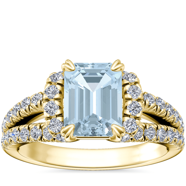 Split Semi Halo Diamond Engagement Ring with Emerald-Cut Aquamarine in 14k Yellow Gold (8x6mm)