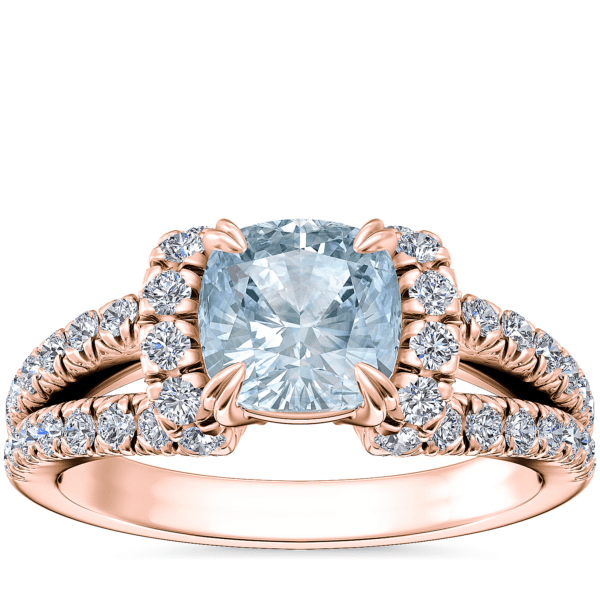 Split Semi Halo Diamond Engagement Ring with Cushion Aquamarine in 14k Rose Gold (6.5mm)