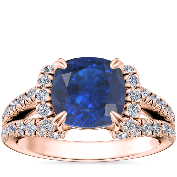 Split Semi Halo Diamond Engagement Ring with Cushion Sapphire in 14k Rose Gold (8mm)